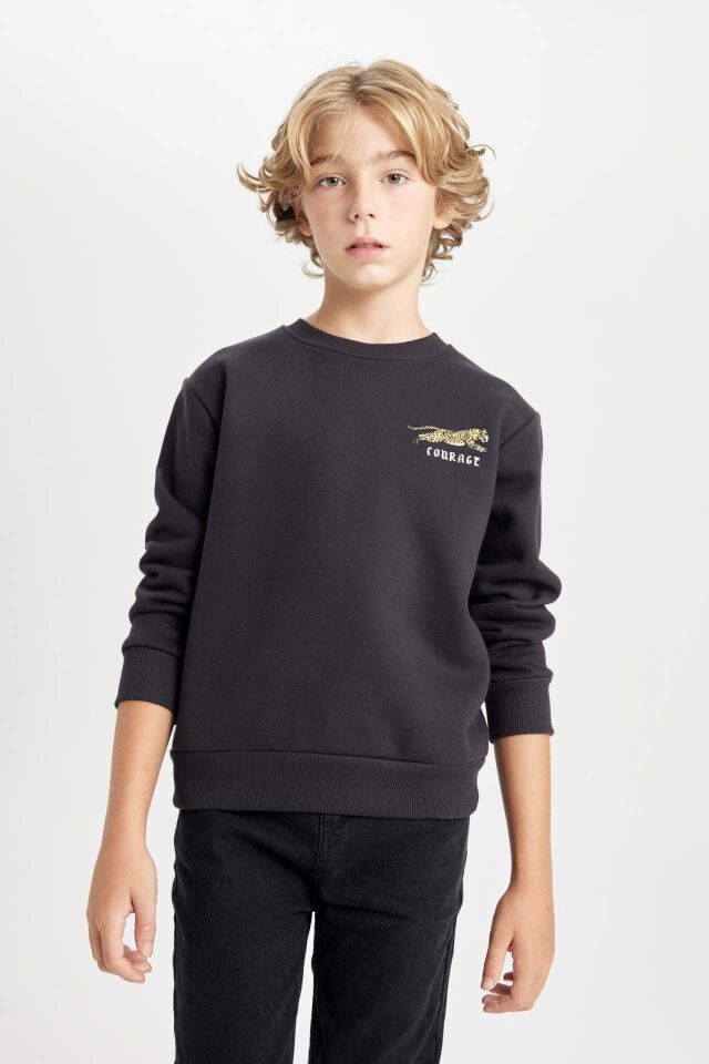 Erkek Çocuk Baskılı Bisiklet Yaka Baskılı Kalın Siyah Sweatshirt