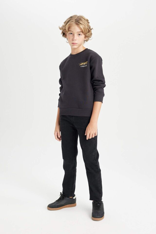 Erkek Çocuk Baskılı Bisiklet Yaka Baskılı Kalın Siyah Sweatshirt