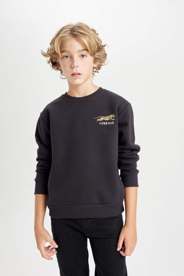 Erkek Çocuk Baskılı Bisiklet Yaka Baskılı Kalın Siyah Sweatshirt