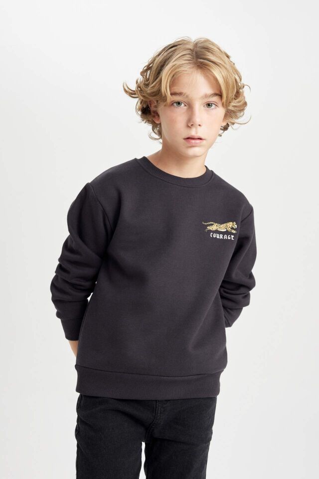 Erkek Çocuk Baskılı Bisiklet Yaka Baskılı Kalın Siyah Sweatshirt