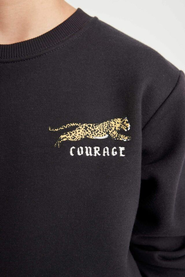 Erkek Çocuk Baskılı Bisiklet Yaka Baskılı Kalın Siyah Sweatshirt