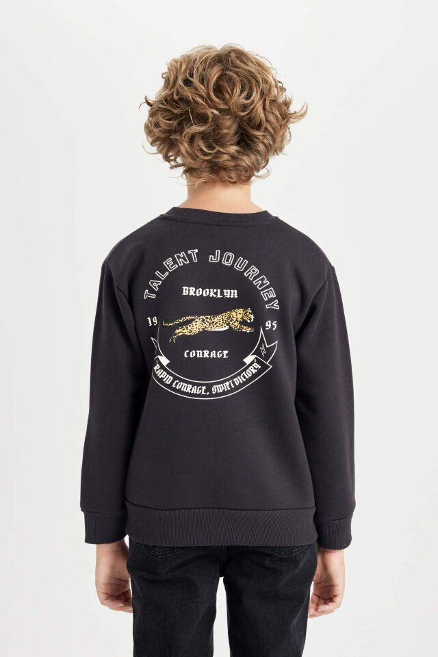 Erkek Çocuk Baskılı Bisiklet Yaka Baskılı Kalın Siyah Sweatshirt