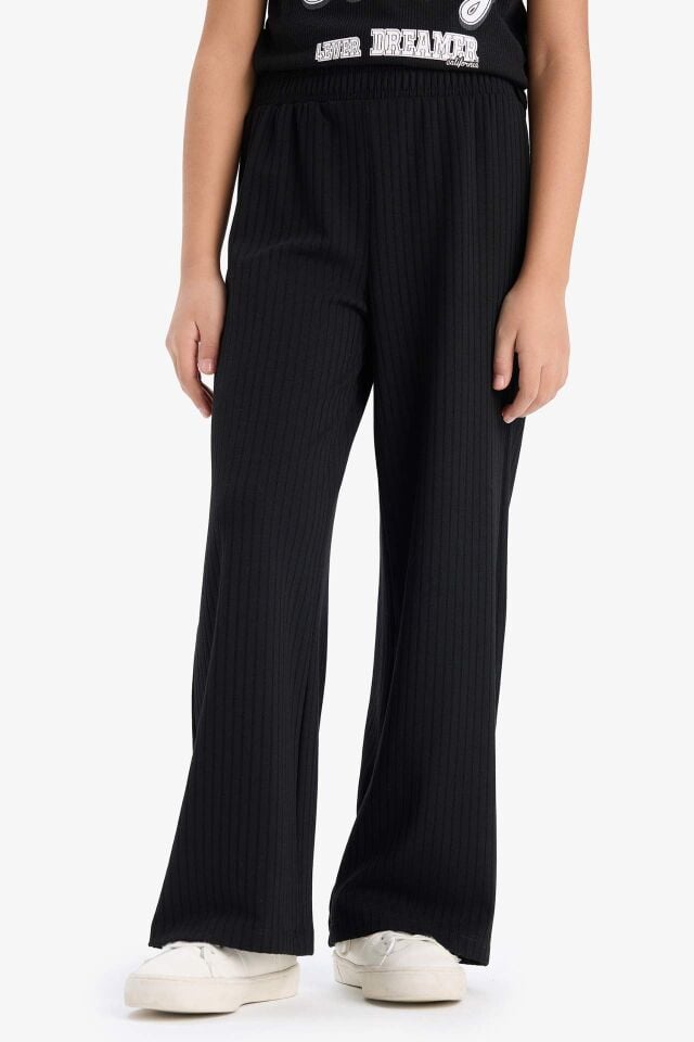 Kız Çocuk 2'li Takım Fitilli Kaşkorse Baskılı Kısa kollu Tişört Wide Leg Geniş Bol Paça Pantolon