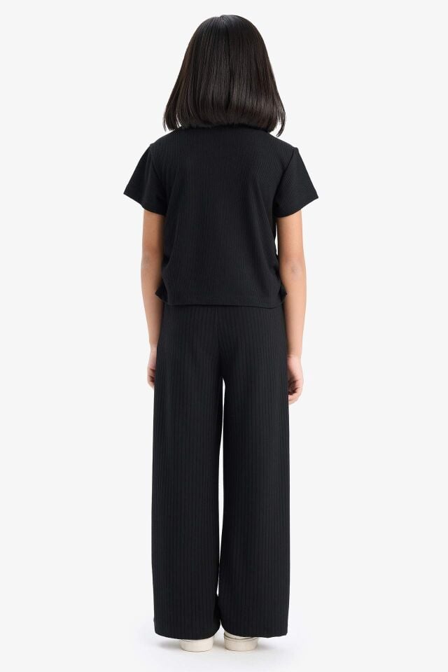 Kız Çocuk 2'li Takım Fitilli Kaşkorse Baskılı Kısa kollu Tişört Wide Leg Geniş Bol Paça Pantolon
