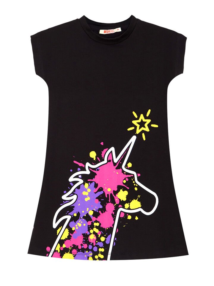 Unicorn Splash Pamuklu Kız Çocuk Siyah Elbise