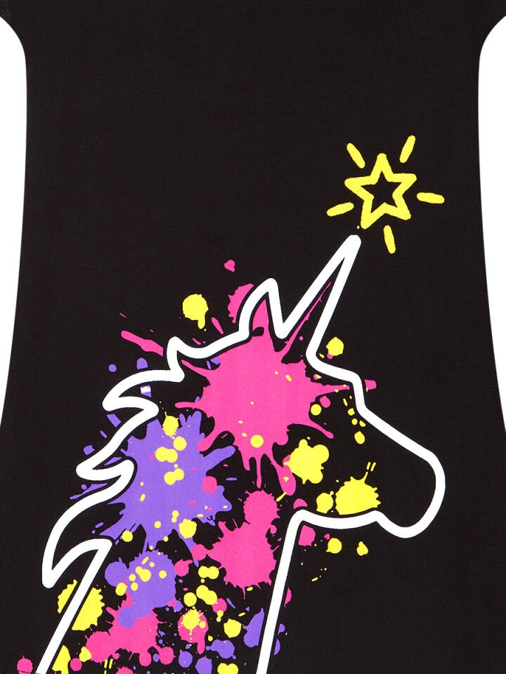 Unicorn Splash Pamuklu Kız Çocuk Siyah Elbise