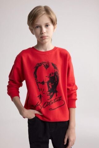 Erkek Çocuk Kırmızı Bisiklet Yaka Atatürk Baskılı Sweatshirt