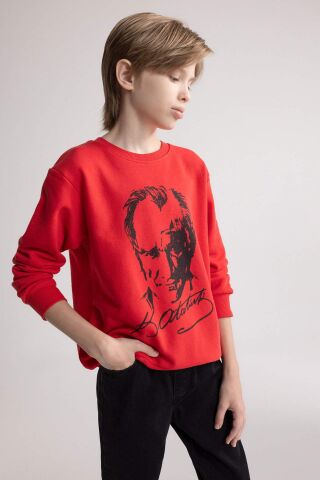 Erkek Çocuk Kırmızı Bisiklet Yaka Atatürk Baskılı Sweatshirt