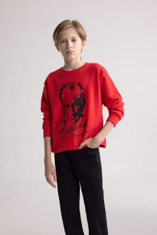 Erkek Çocuk Kırmızı Bisiklet Yaka Atatürk Baskılı Sweatshirt