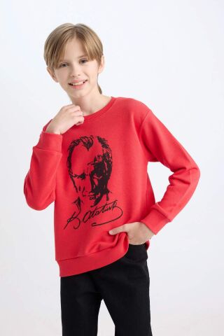Erkek Çocuk Kırmızı Bisiklet Yaka Atatürk Baskılı Sweatshirt