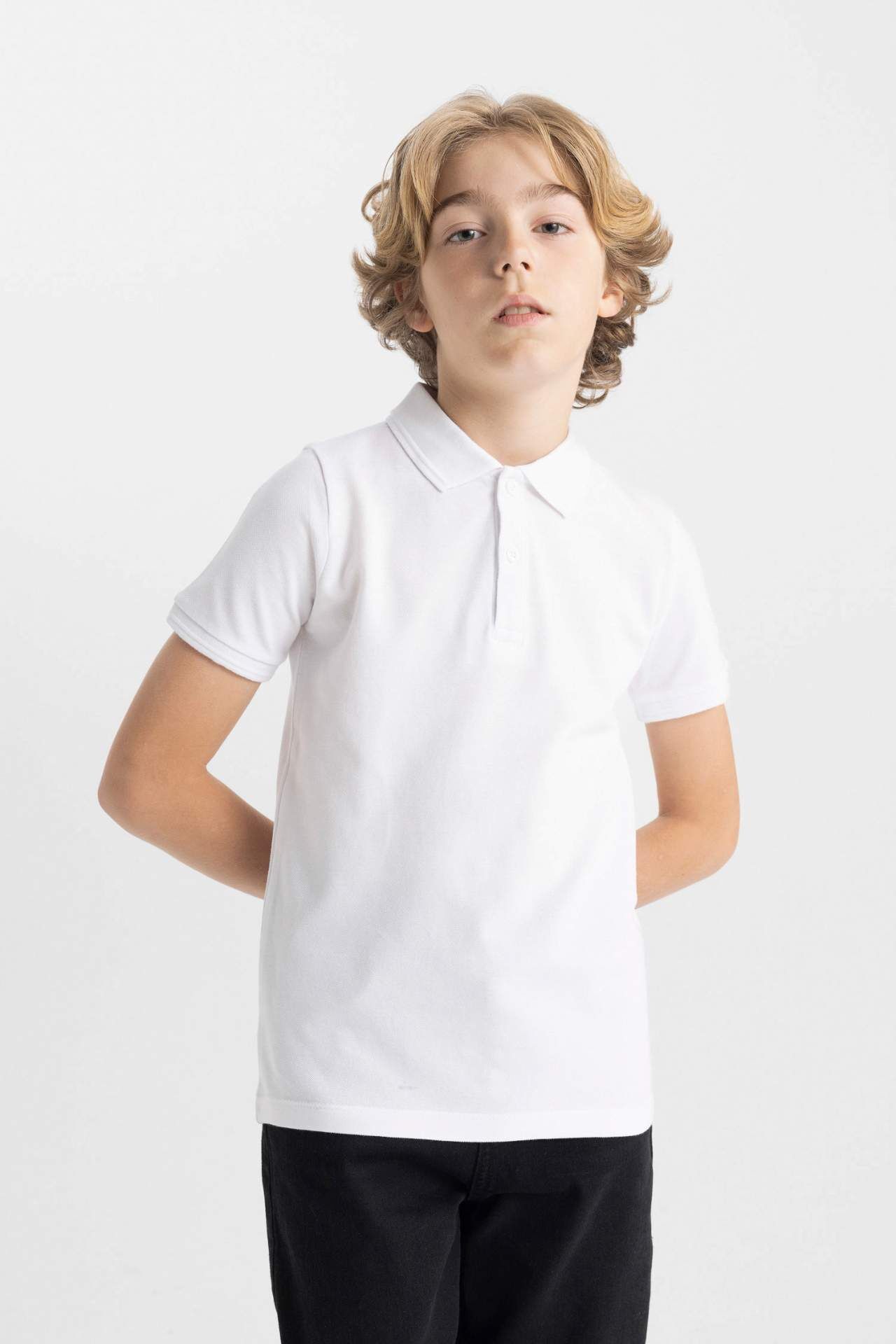 Erkek Çocuk Polo Yaka Basic Düz Pike Kısa Kollu Beyaz Okul Tişörtü 7/8 Yaş
