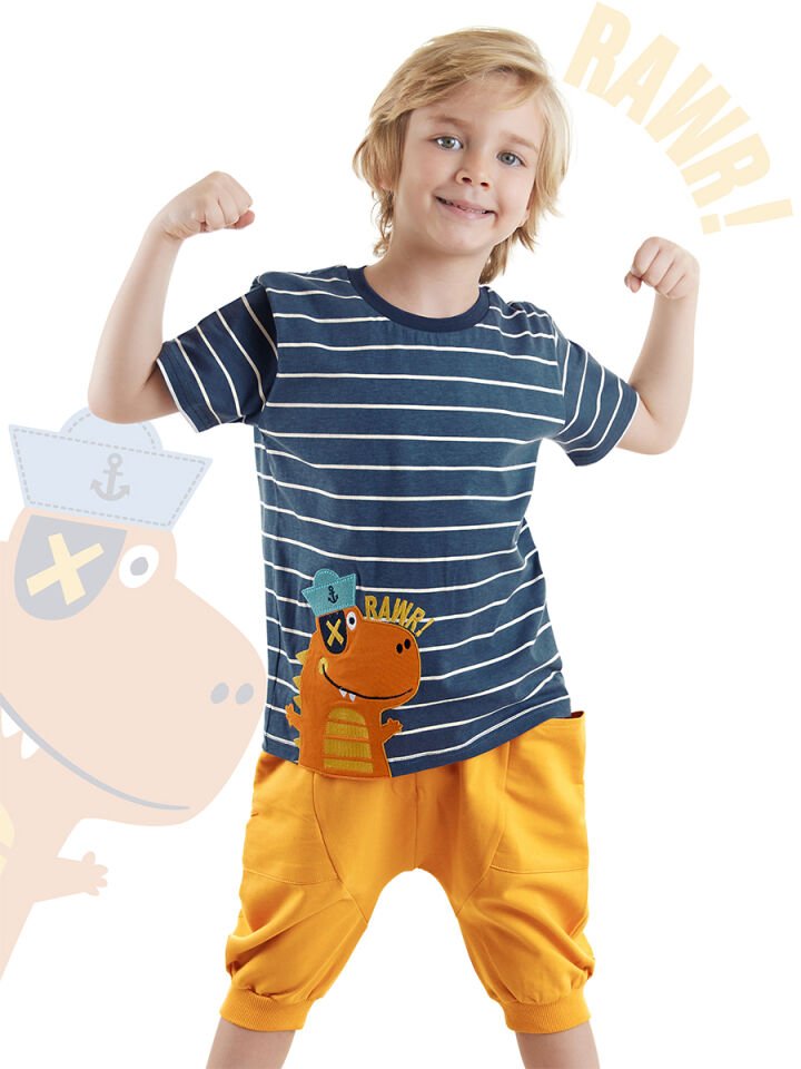 Denizci Dino Erkek Çocuk T-shirt Kapri Şort Takım 4 Y - Lacivert
