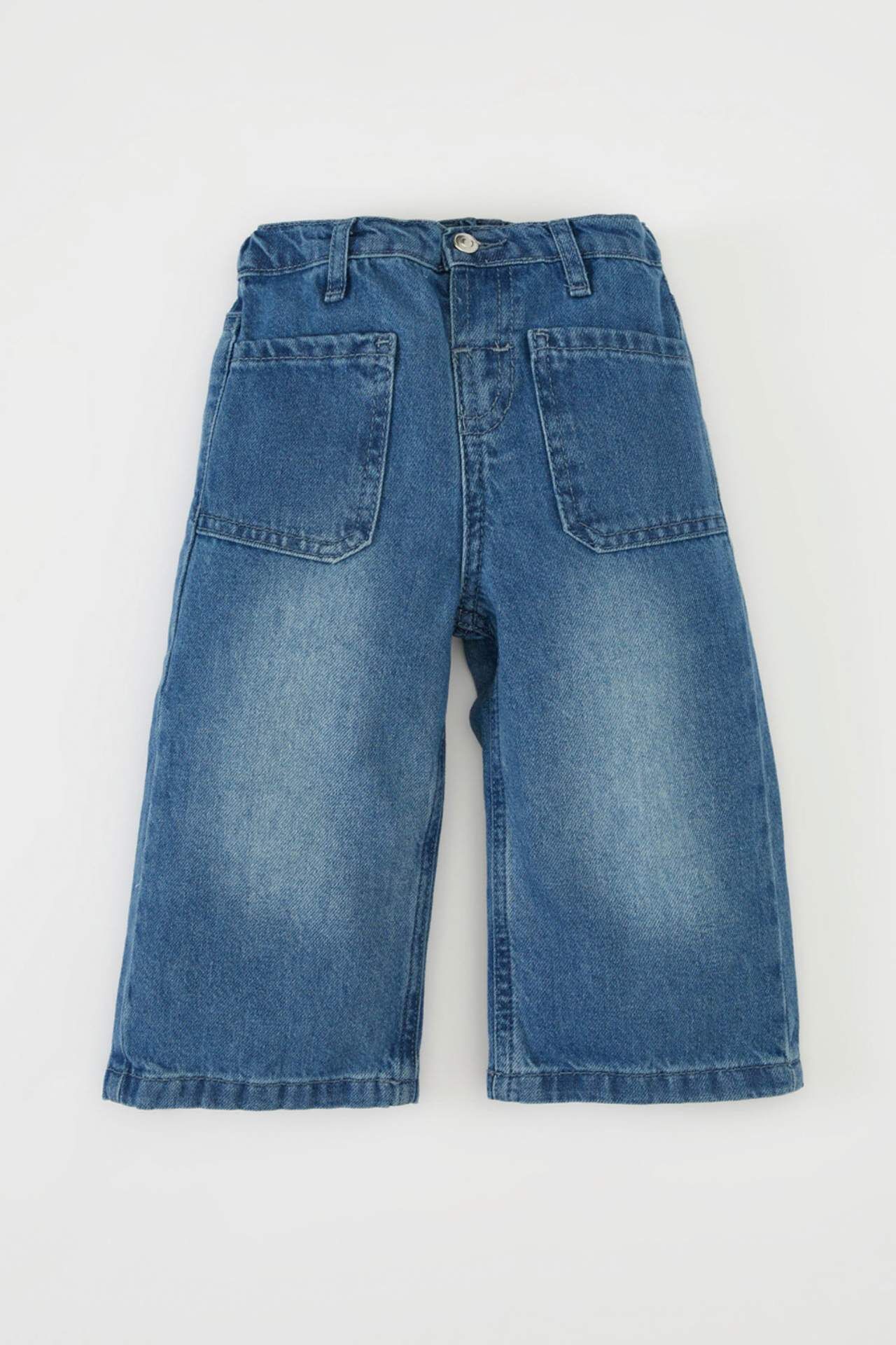 Kız Bebek Esnek Bantlı Geniş Bol Paça Beli Lastikli Cepli Jean Pantolon