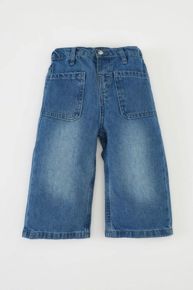 Kız Bebek Esnek Bantlı Geniş Bol Paça Beli Lastikli Cepli Jean Pantolon