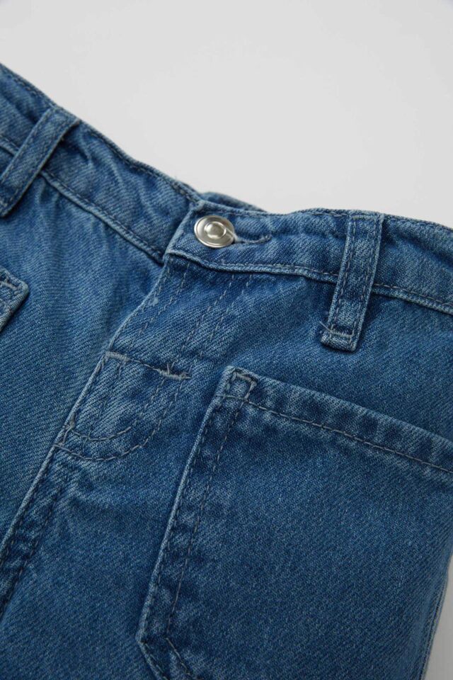 Kız Bebek Esnek Bantlı Geniş Bol Paça Beli Lastikli Cepli Jean Pantolon
