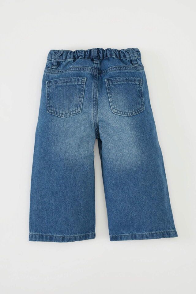 Kız Bebek Esnek Bantlı Geniş Bol Paça Beli Lastikli Cepli Jean Pantolon