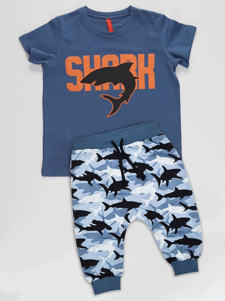 Shark Camo Erkek Çocuk T-shirt Kapri Şort Takım 6 Y - Mavi Siyah