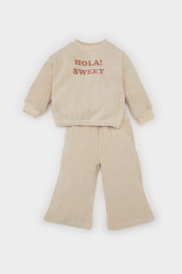 Kız Bebek 2'li Takım Fitilli Kadife Bisiklet Yaka Baskılı Sweatshirt Geniş Bol Paça Alt