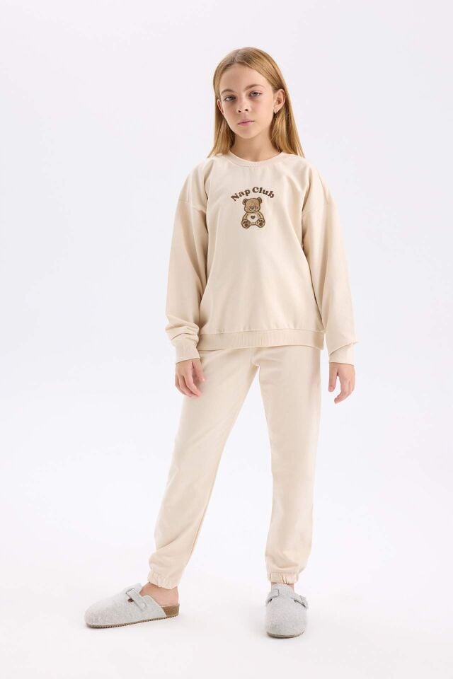 Kız Çocuk Pijama Takımı Baskılı Bisiklet Yaka Uzun Kollu Üst Beli Lastikli Alt