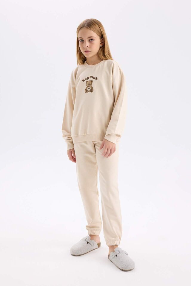 Kız Çocuk Pijama Takımı Baskılı Bisiklet Yaka Uzun Kollu Üst Beli Lastikli Alt