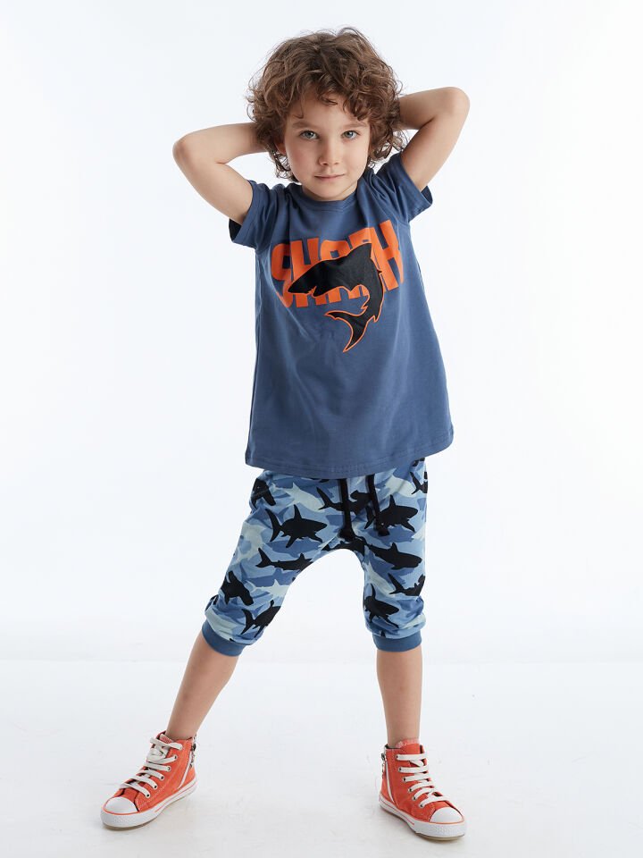 Shark Camo Erkek Çocuk T-shirt Kapri Şort Takım 7 Y - Mavi Siyah