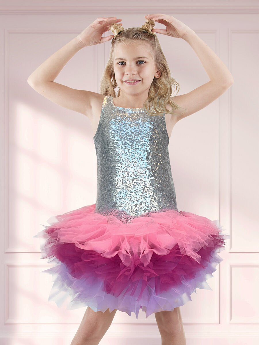 Metalik Gümüş Payetli Abiye Kız Çocuk Elbise