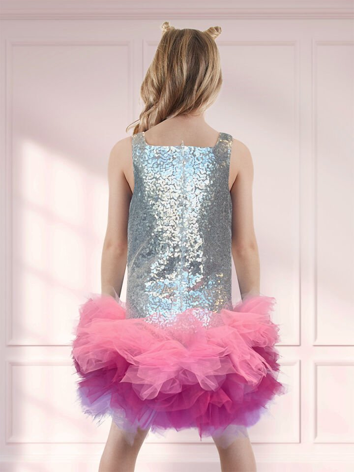 Metalik Gümüş Payetli Abiye Kız Çocuk Elbise