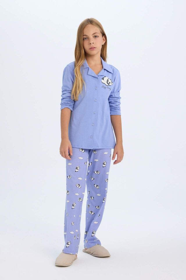 Kız Çocuk Pijama Takımı Ayı Baskılı Uzun Kollu Üst Uzun Alt