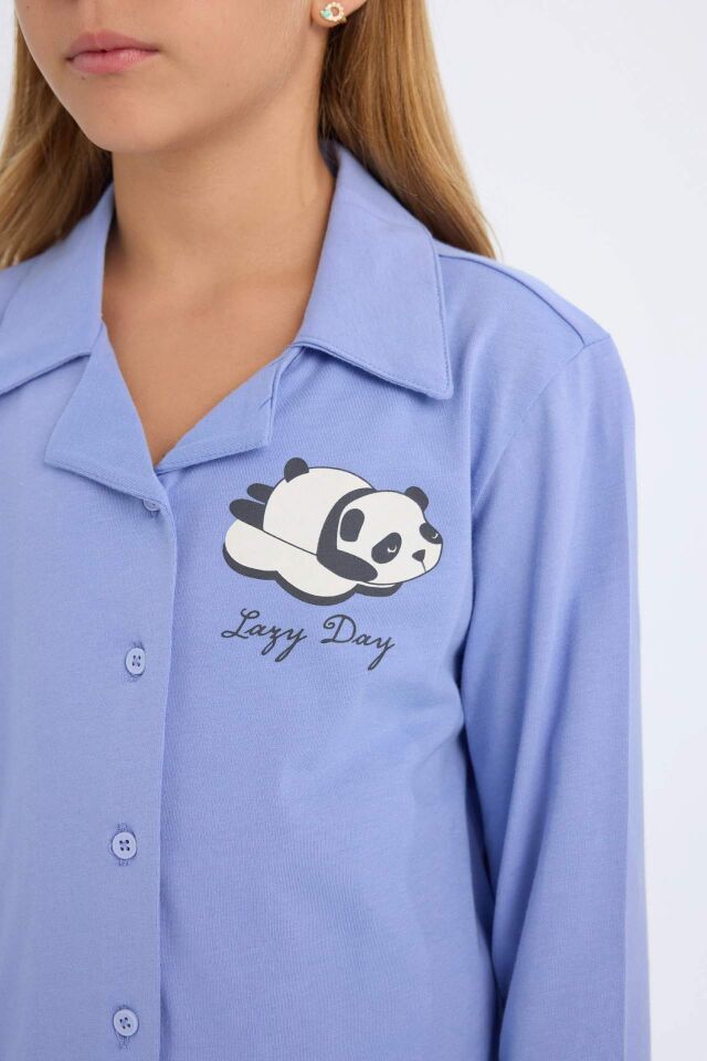 Kız Çocuk Pijama Takımı Ayı Baskılı Uzun Kollu Üst Uzun Alt