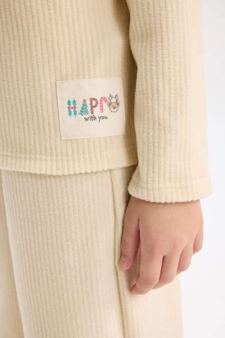 Kız Çocuk Pijama Takımı Polar Bisiklet Yaka Uzun Kollu Basic Düz Üst Uzun Alt
