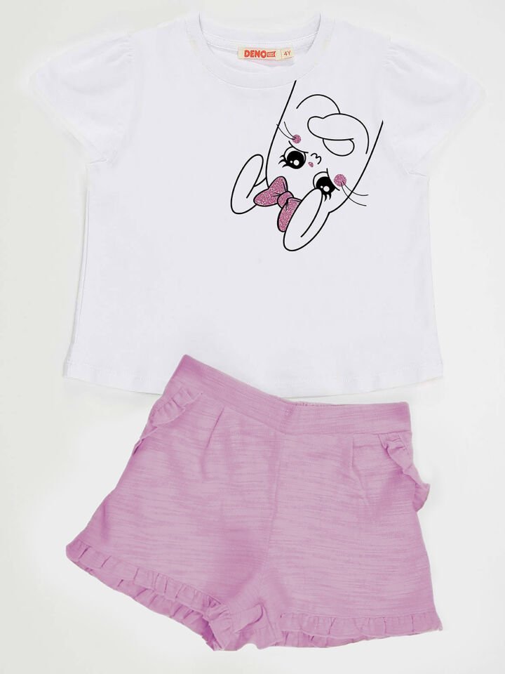 Kurdelalı Tavşan Kız Çocuk T-shirt Şort Takım 3 Y - Beyaz, Lila