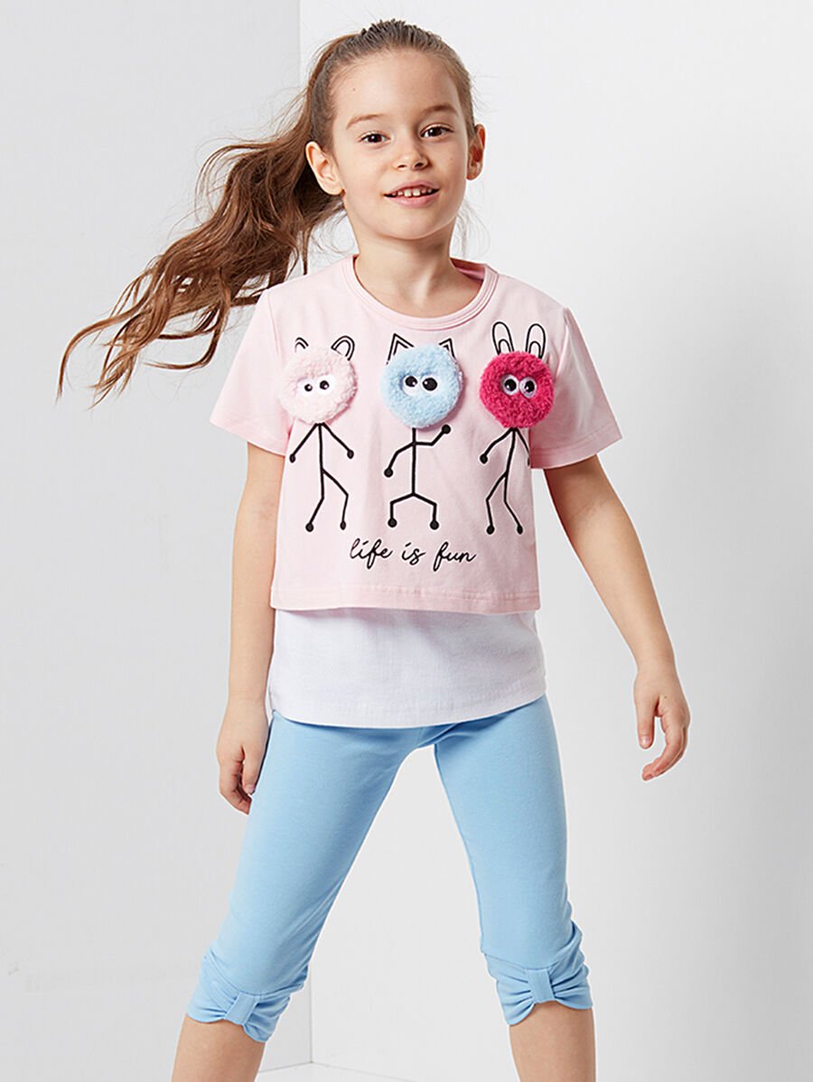 Life Is Fun Kız Çocuk T-shirt Tayt Takım 3 Y - Pembe Beyaz Mavi