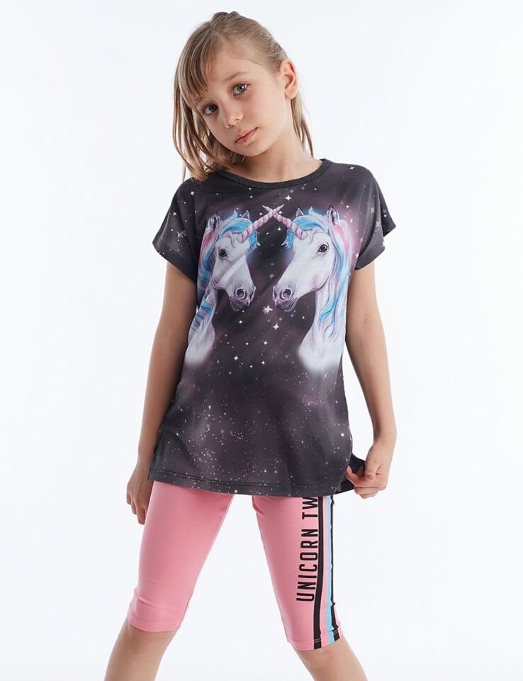 Twin Unicorn Kız Çocuk Tunik Tayt Takım 3 Y - Pembe Gri
