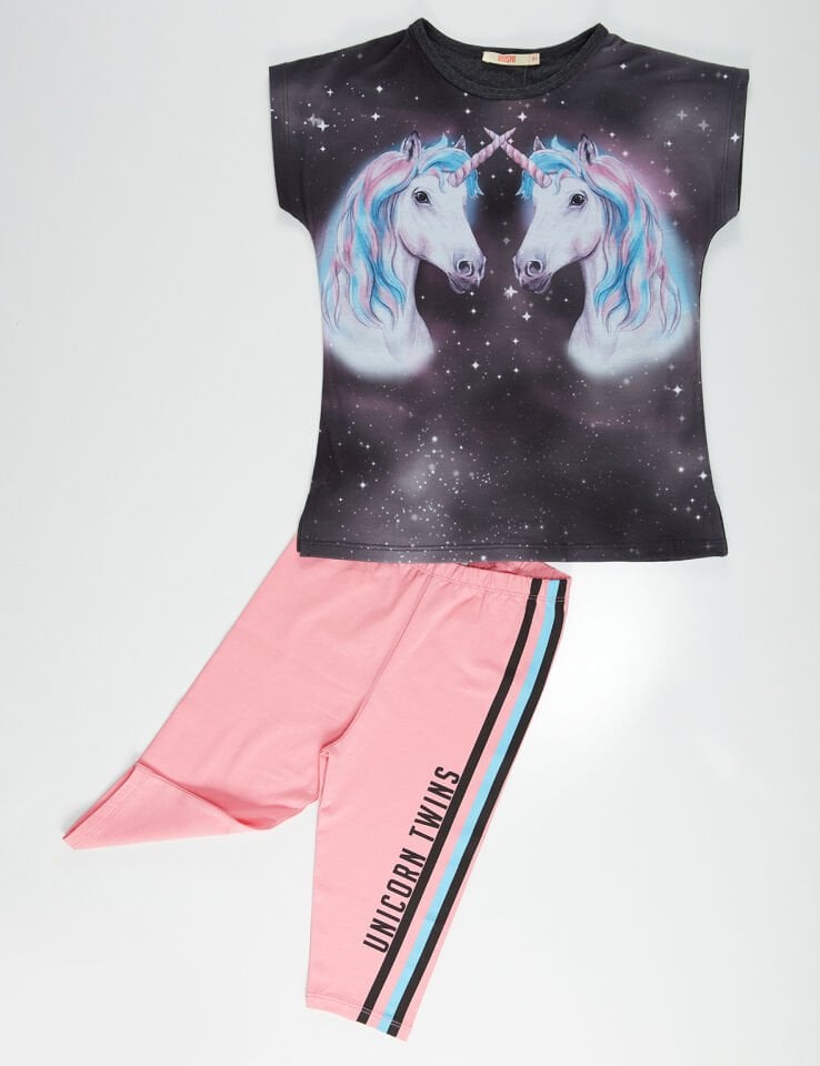 Twin Unicorn Kız Çocuk Tunik Tayt Takım 3 Y - Pembe Gri