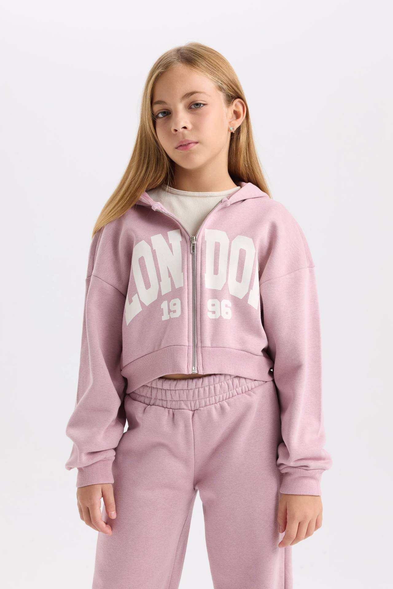 Kız Çocuk 2'li Takım Kapüşonlu Kalın Fermuarlı Sweatshirt Hırka Jogger Eşofman Altı