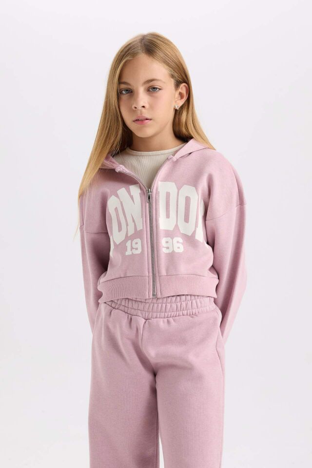 Kız Çocuk 2'li Takım Kapüşonlu Kalın Fermuarlı Sweatshirt Hırka Jogger Eşofman Altı