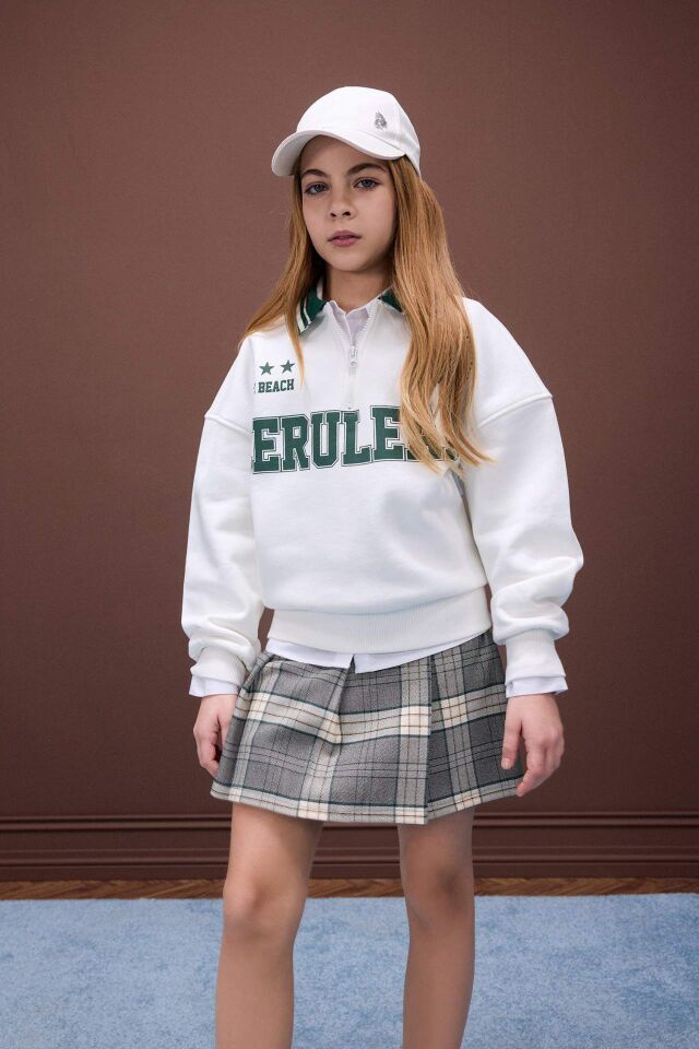 Kız Çocuk Oversize Geniş Kalıp Polo Yaka Baskılı İçi Yumuşak Tüylü Sweatshirt