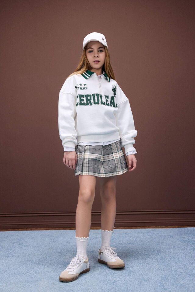Kız Çocuk Oversize Geniş Kalıp Polo Yaka Baskılı İçi Yumuşak Tüylü Sweatshirt
