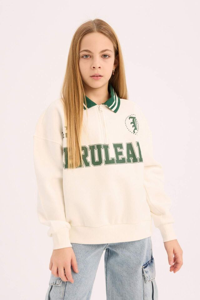 Kız Çocuk Oversize Geniş Kalıp Polo Yaka Baskılı İçi Yumuşak Tüylü Sweatshirt