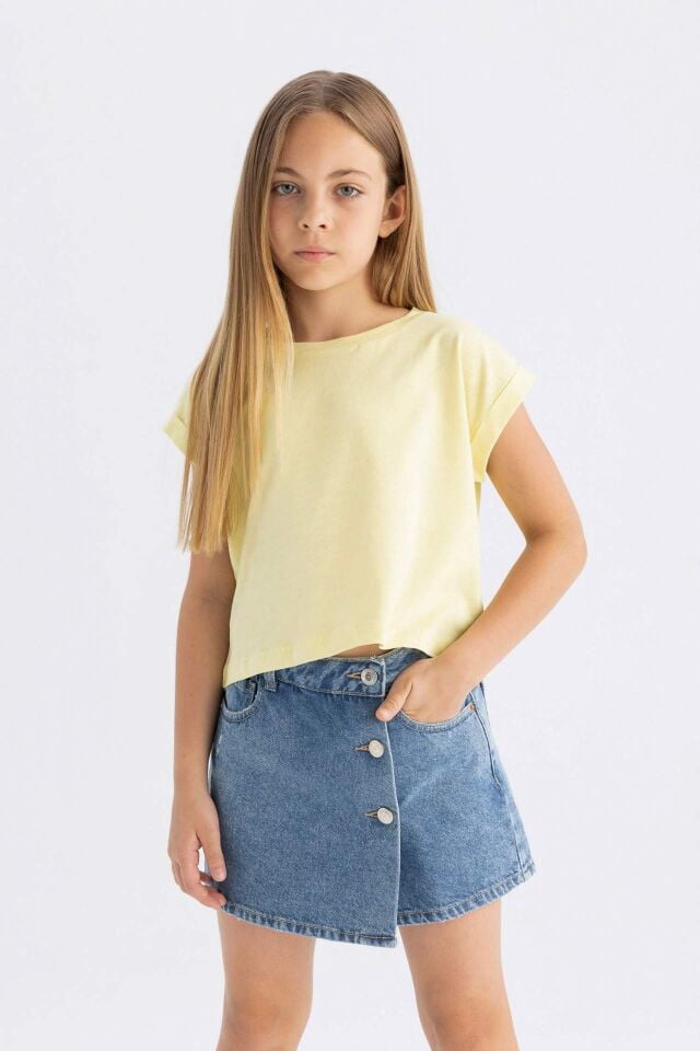 Kız Çocuk Boxy Fit Bisiklet Yaka Basic Düz Kısa Kollu Tişört