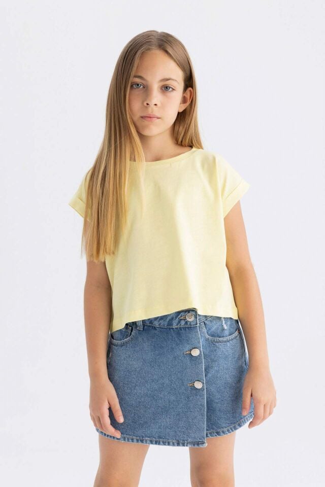 Kız Çocuk Boxy Fit Bisiklet Yaka Basic Düz Kısa Kollu Tişört