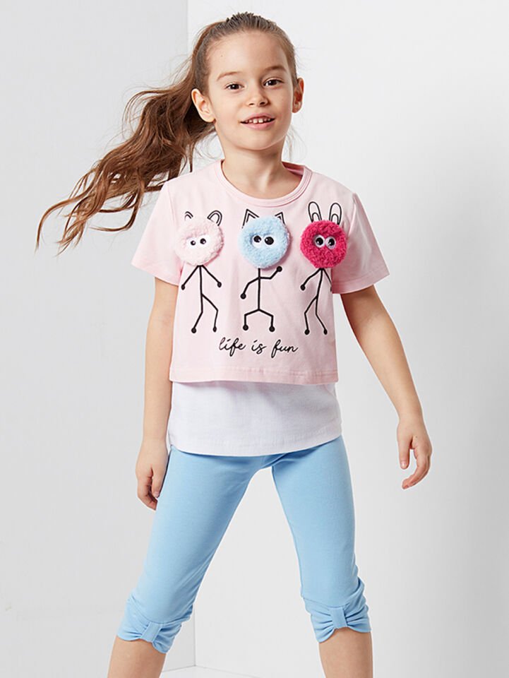 Life Is Fun Kız Çocuk T-shirt Tayt Takım 8 Y - Pembe Beyaz Mavi