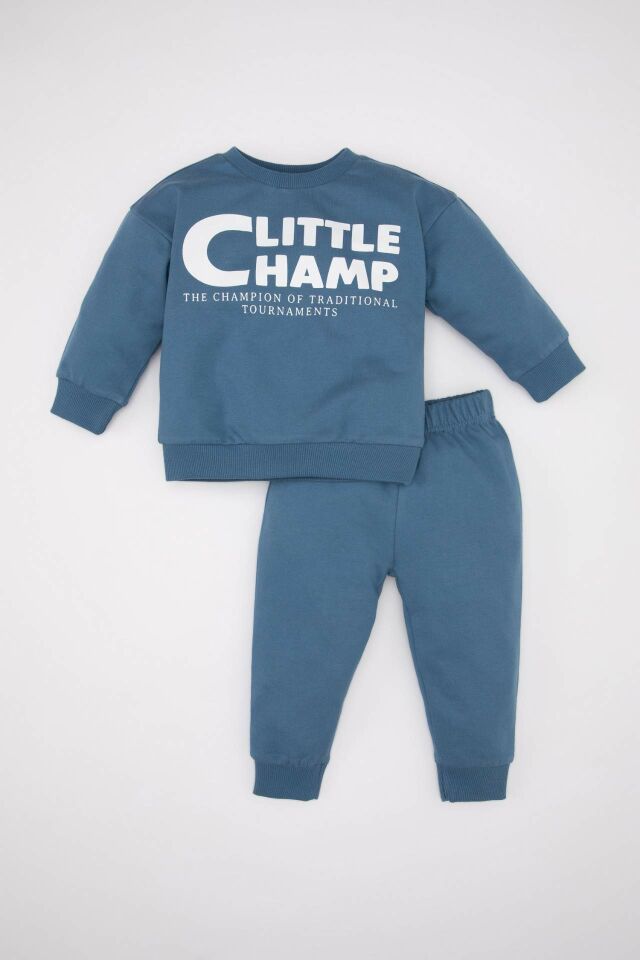 Erkek Bebek 2'li Takım Baskılı Bisiklet Yaka Sweatshirt Üst  Jogger Eşofman Altı