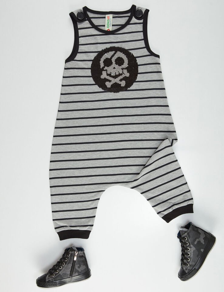 Skull Erkek Çocuk Çizgili Tulum 3 Y - Gri Siyah
