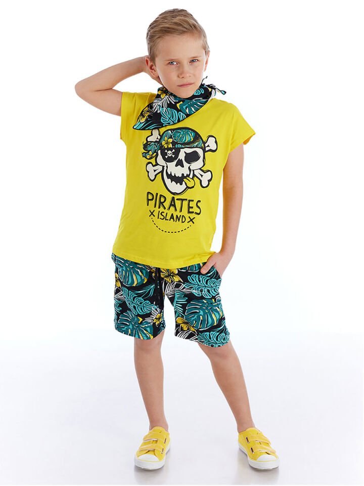 Hawaii Erkek Çocuk T-shirt Şort Bandana Takım 5 Y - Sarı, Siyah, Yeşil