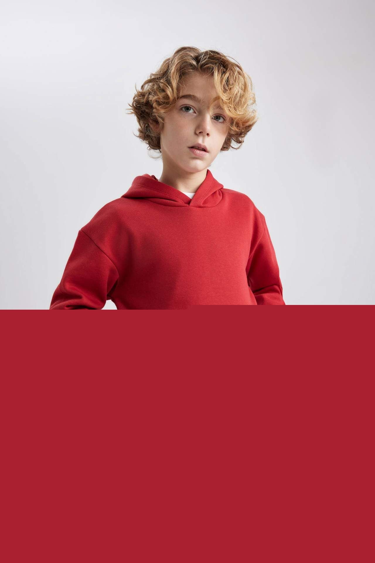 Erkek Çocuk Basic Düz Kapüşonlu Sweatshirt