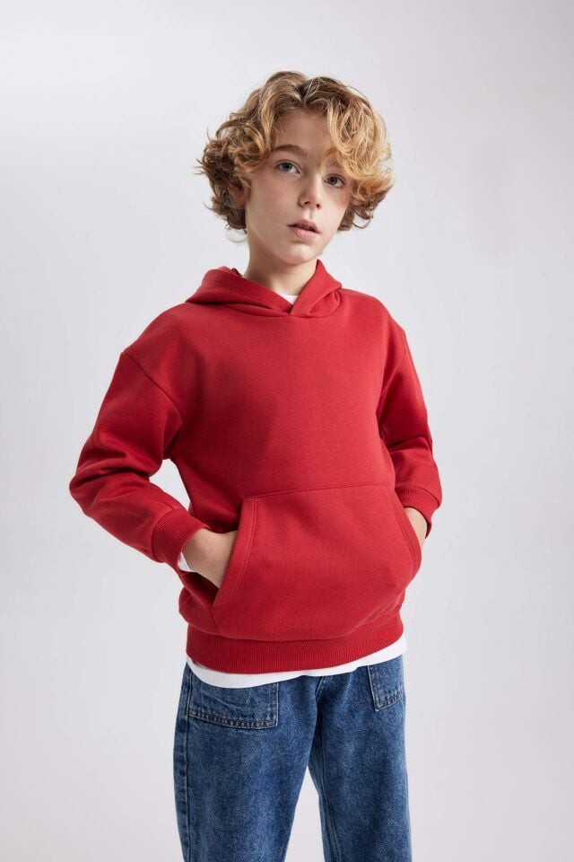 Erkek Çocuk Basic Düz Kapüşonlu Sweatshirt