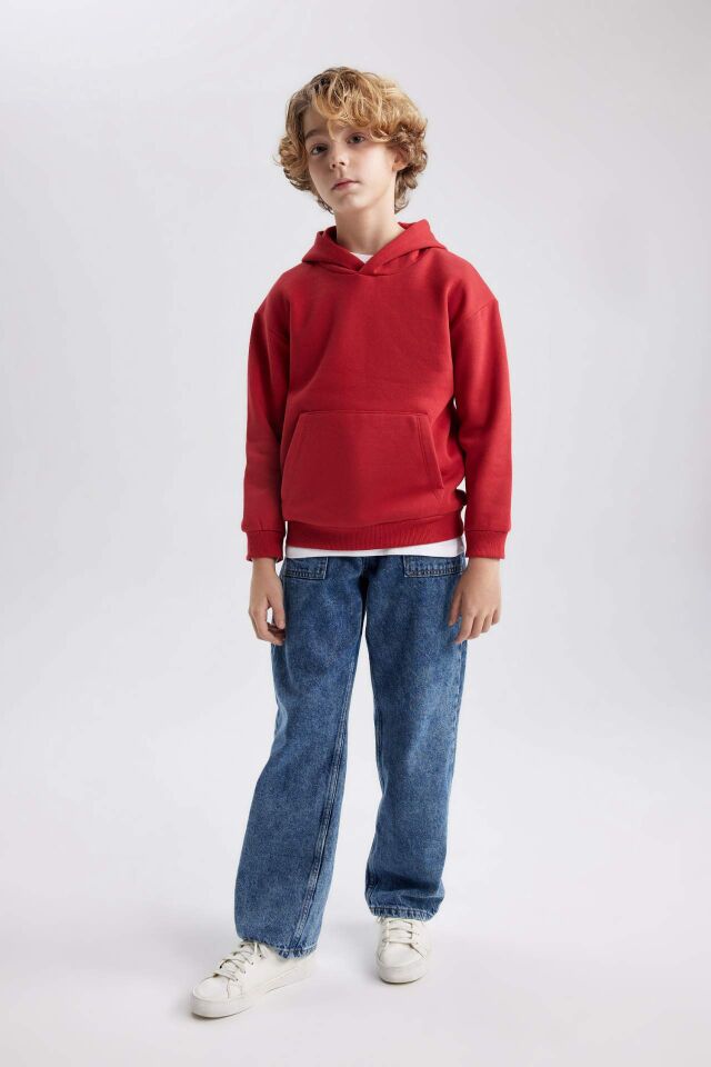 Erkek Çocuk Basic Düz Kapüşonlu Sweatshirt