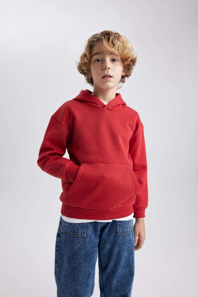 Erkek Çocuk Basic Düz Kapüşonlu Sweatshirt