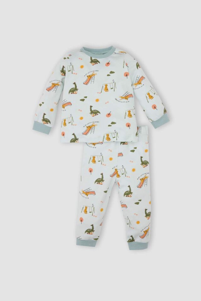 Erkek Bebek Pijama Takımı Bisiklet Yaka Desenli Uzun Kollu Üst Alt